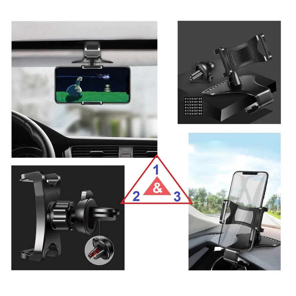 3 in 1 Car GPS Smartphone Holder: Dashboard / Visor Clamp   AC Grid Clip for Intex Cloud String HD (2016) - Black