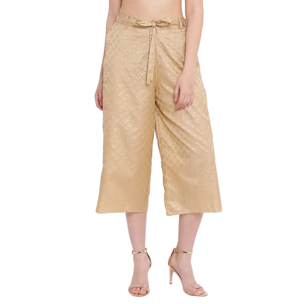 Beige Foil Print Plazzo With Front Tie Up