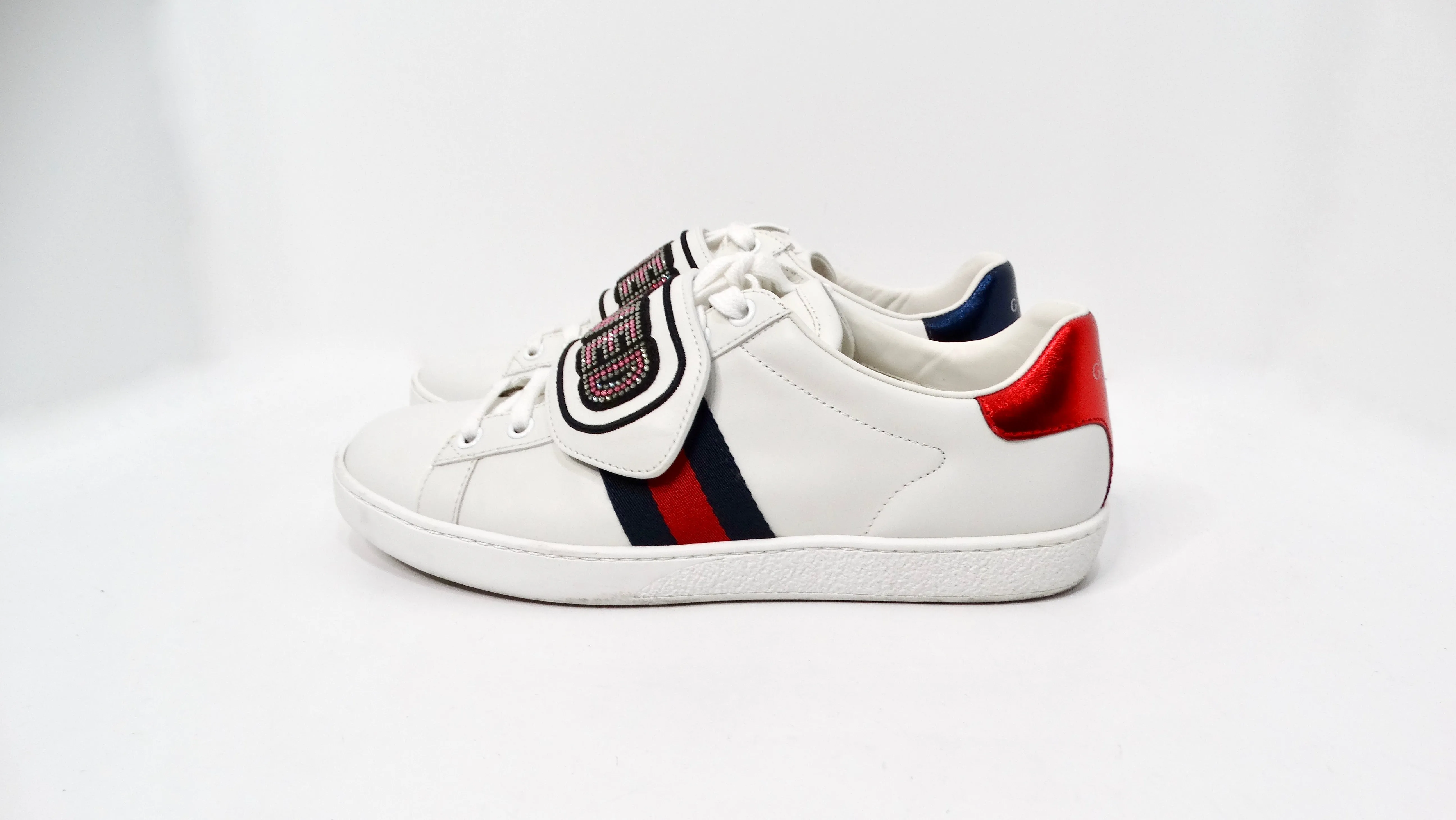 Gucci Crystal Web "LOVED" White Calfskin Leather Sneakers