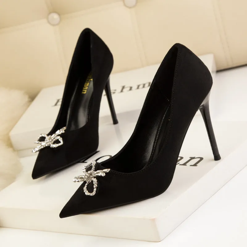 High Heel Rhinestone Bow Suede Shoes