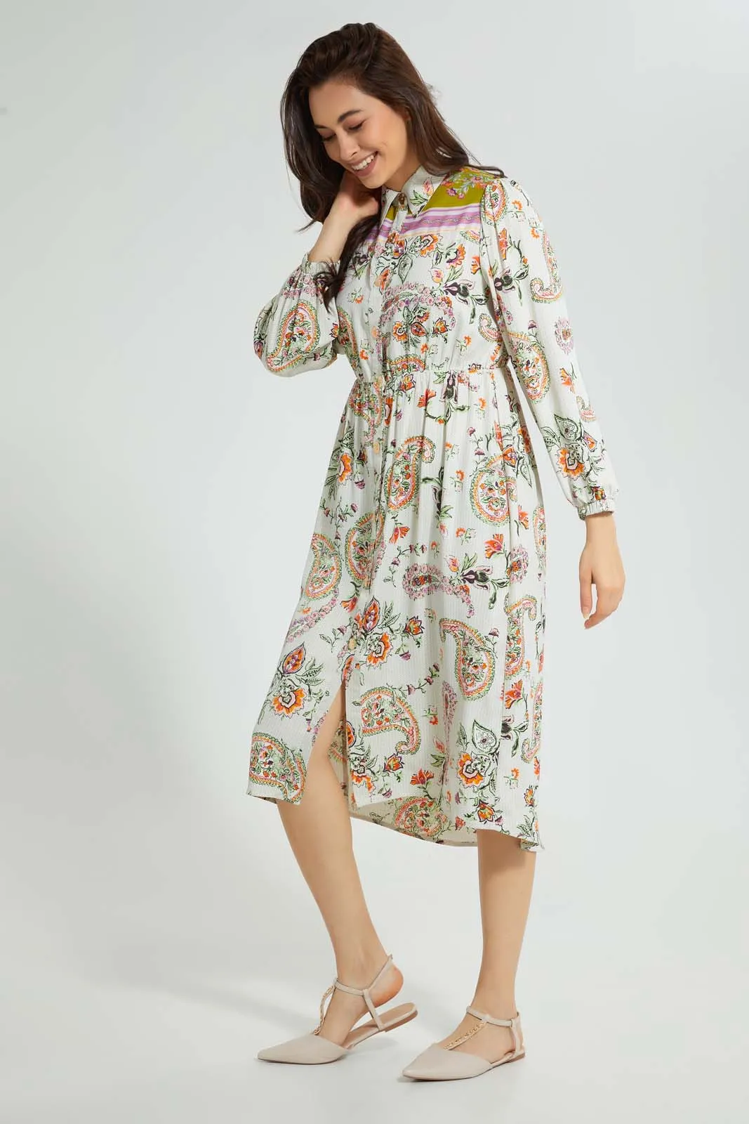 Multicolour Paisley Satin Shirt Dress