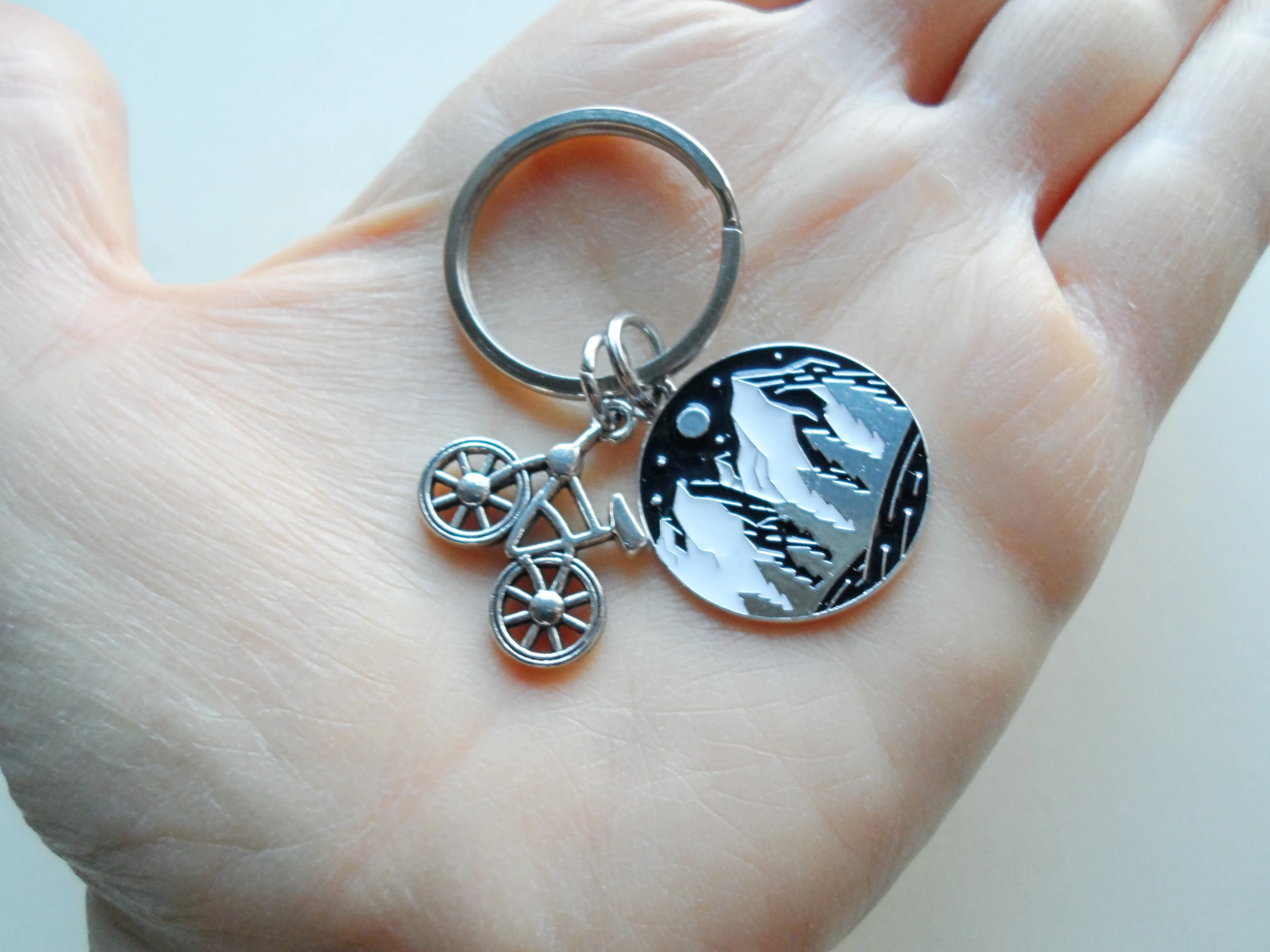 Outdoor Mountain Biking Keychain; Mountain, Trees, Night Sky Scene Disc Charm Keychain with Bike Charm