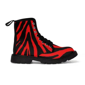 Red Zebra Women's Canvas Boots, Best Zebra Striped Animal Print Winter Boots For Ladies
