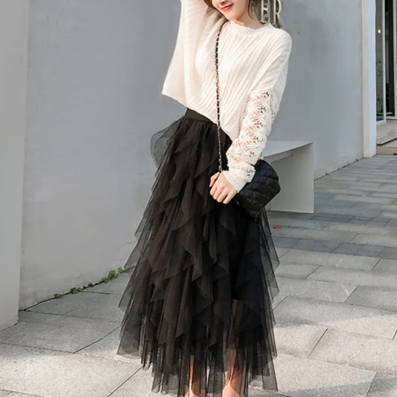 Women’s Elegant Irregular Layered Ruffles Long Skirt
