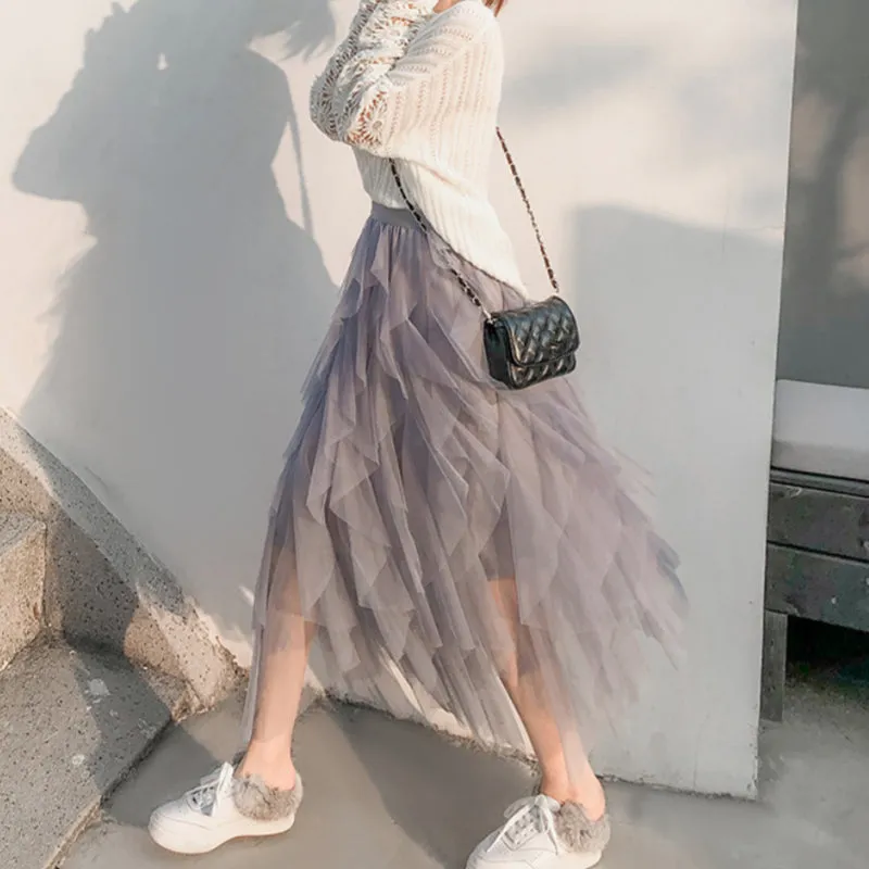 Women’s Elegant Irregular Layered Ruffles Long Skirt